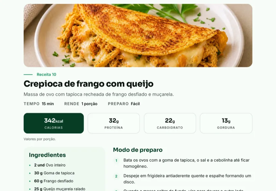 Página de receita do Método NutriHigu com macros, ingredientes e modo de preparo